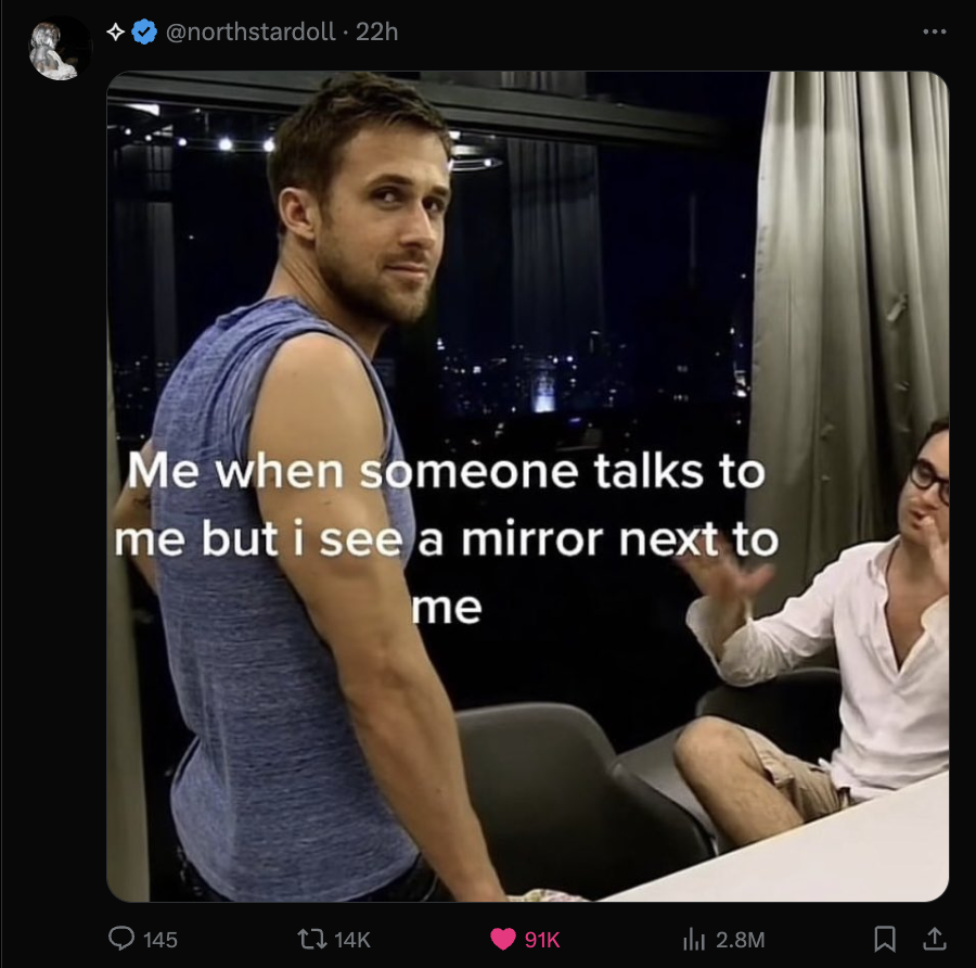 ryan gosling looking at the camera meme - 22h Me when someone talks to me but i see a mirror next to me 91K 2.8M